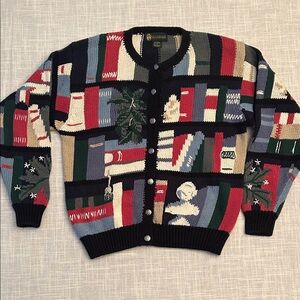 Vintage Levenger Multicolor Cardigan Sweater featuring books
